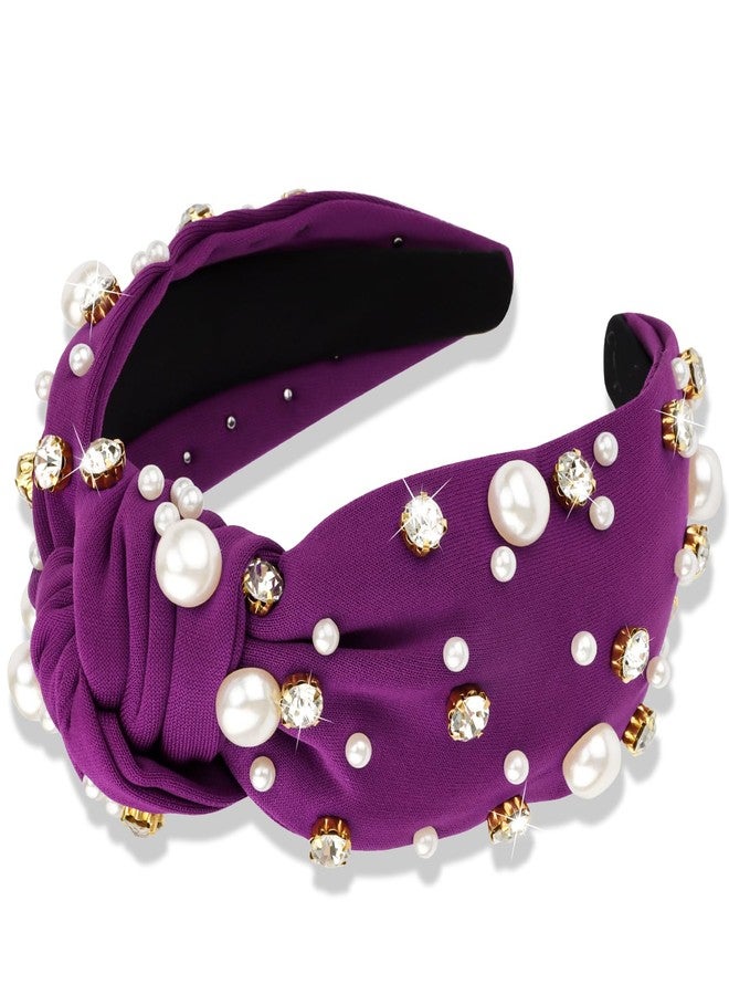 Atoden Pearl Knotted Rhinestone Wide Top Knot Beaded Jeweled Crystal Embellished Headbands for Women's Hair - Deep Purple - Image 1